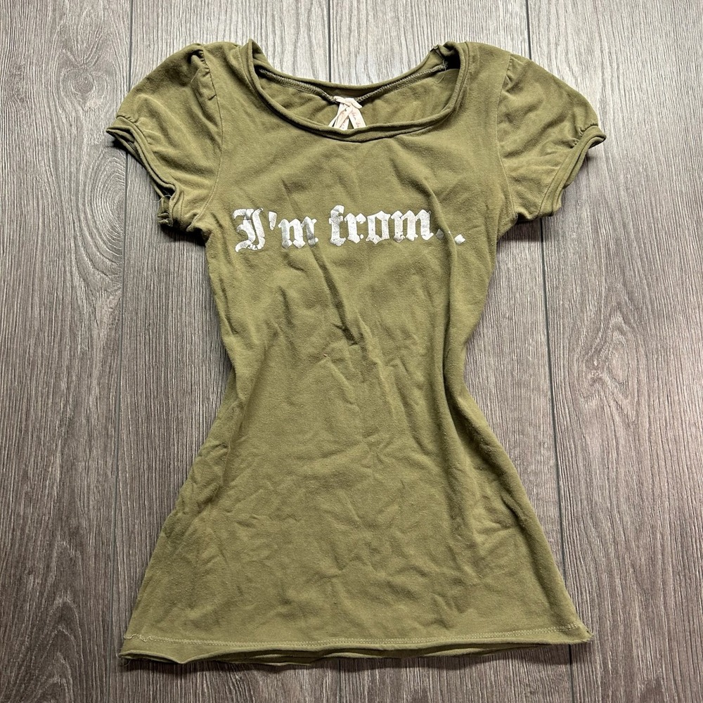 Urban Behavior Y2K XS Olive Green Baby Tee I'm From 213 Silver Foil Gothic Top